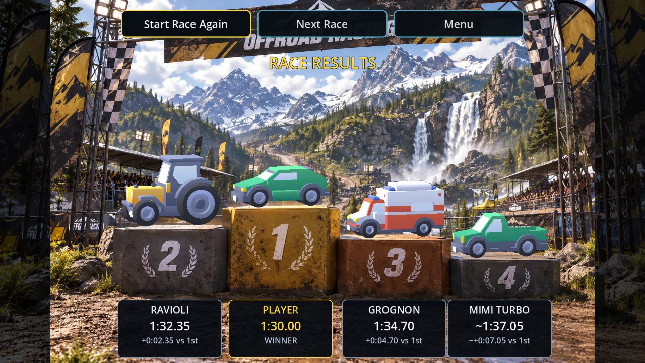 Podium d'une course de Cartoon Arcade Racer avec un tracteur, une citadine, une ambulance et un pick-up, des montagnes et une cascade en arrière-plan