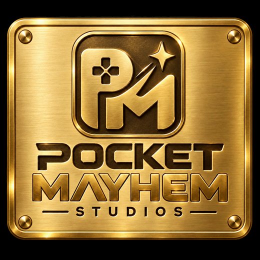 Logo de Pocket Mayhem Studios, une plaque dorée avec le monogramme PM
